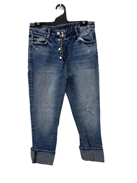 Blue Tapered Distressed Jeans with Exposed Zip