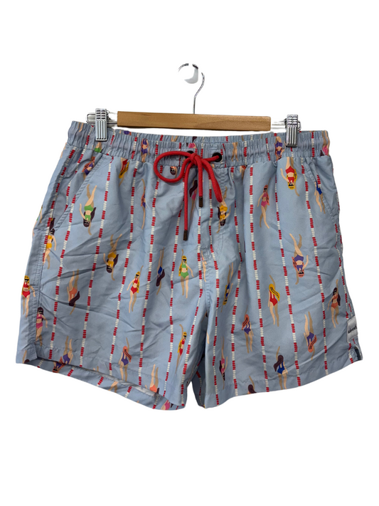 Light Blue Board Shorts with Swimming Ladies Print