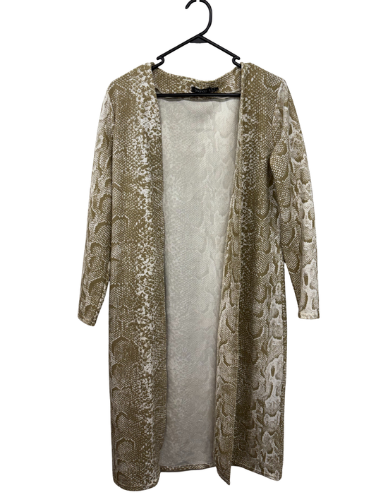 White & Brown Snake Print Long Sleeve Long Line Cardigan