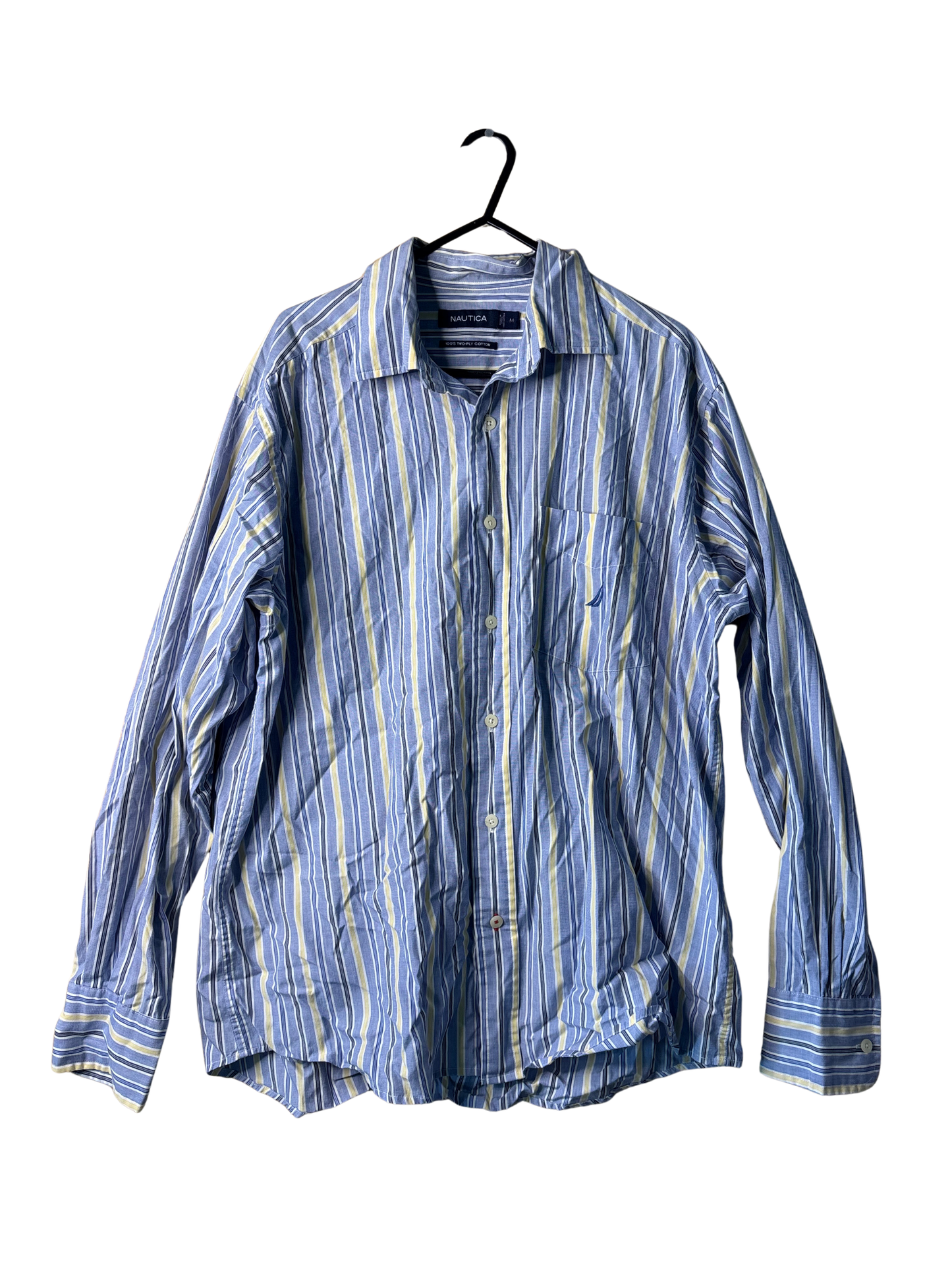Blue, White, Yellow Stripe Long Sleeve Button Up Shirt
