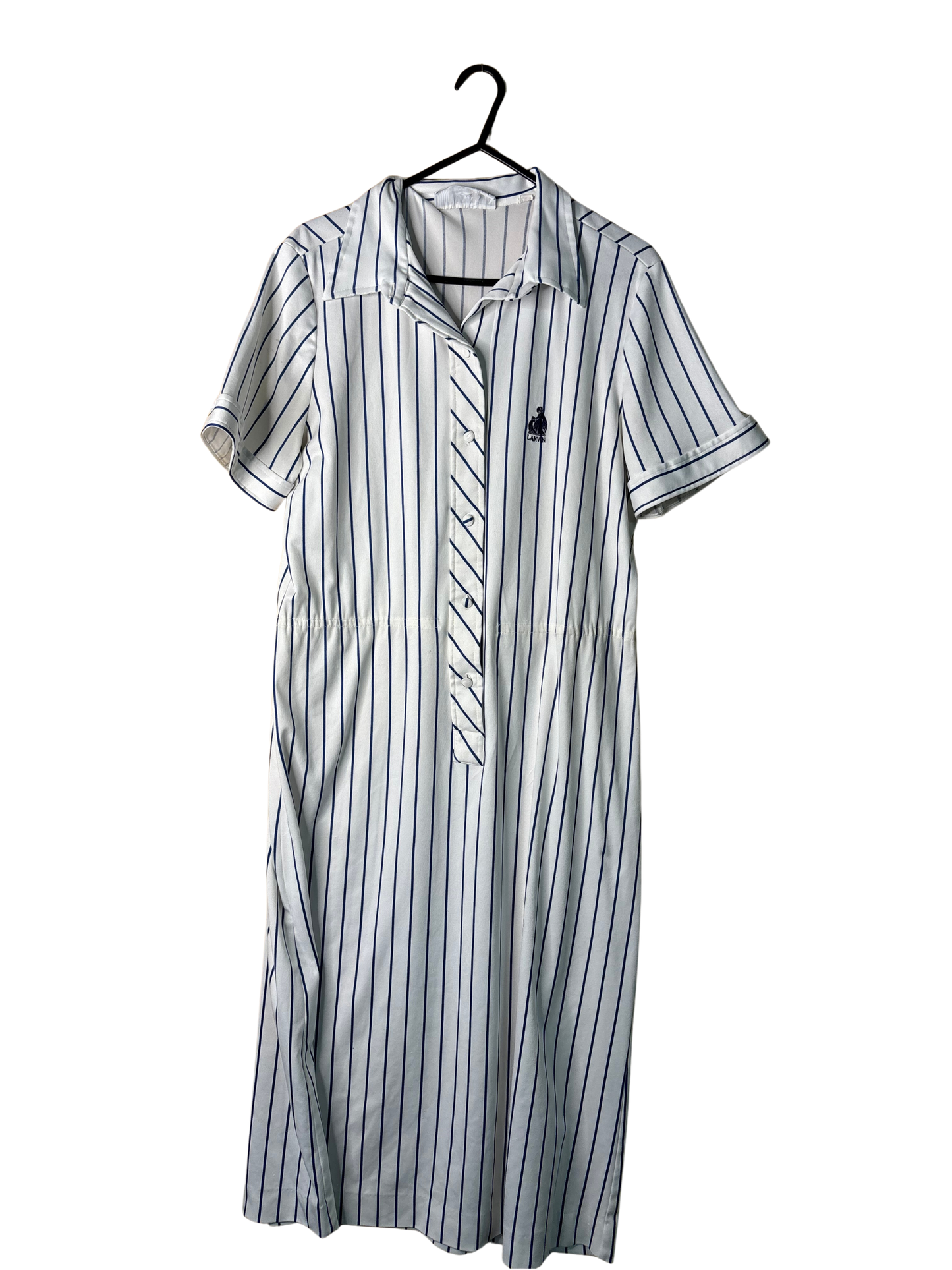 Vintage White & Dark Blue Stripe Long Sleeve Button Up Midi Dress
