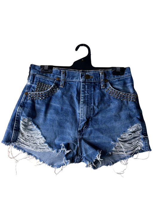 Blue Distressed Studded Denim Shorts