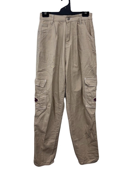 Beige High Waisted Cargo Jeans with Red & Blue Patches