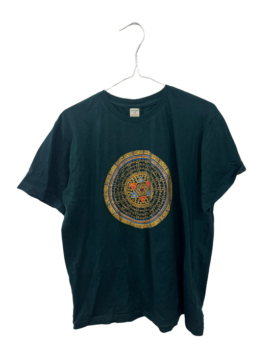 Dark Green Short Sleeve T Shirt with Gold Nepalese Mandala Logo