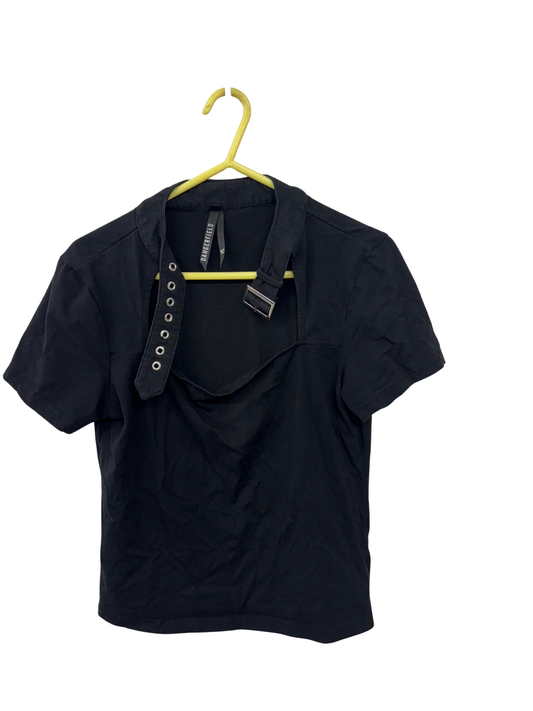 Black Short Sleeve Square Neck Top with Buckle