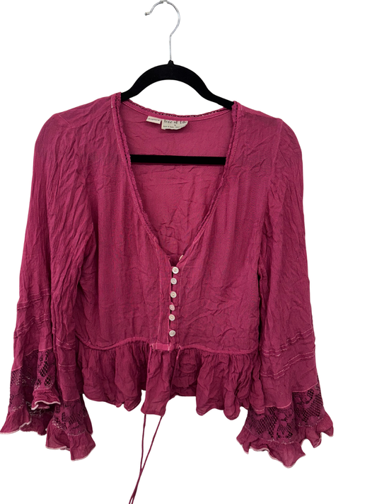 Dark Pink Long Sleeve Crop Button Up Shirt