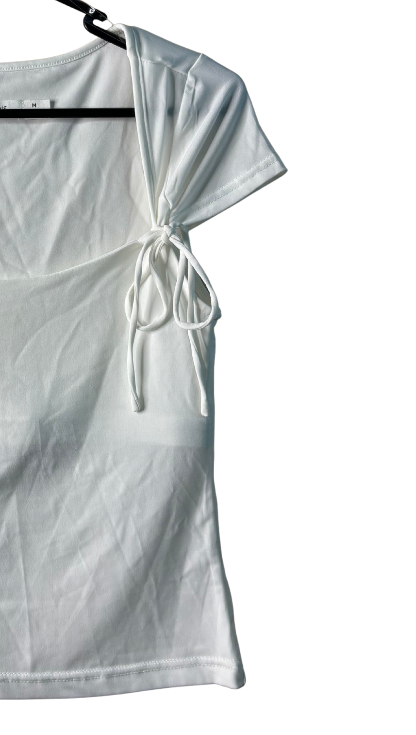 White Square Neck Cap Sleeve Top with Bows