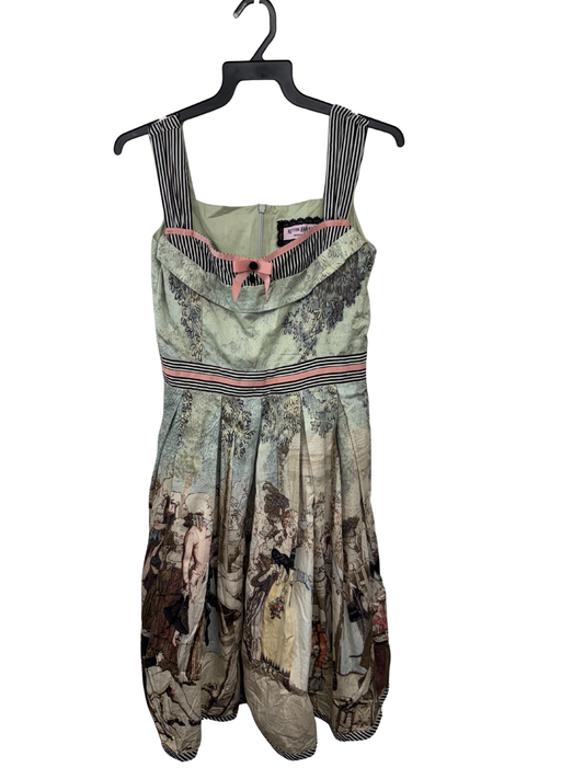 Green & Pink Portait Print Thin Strap Short Dress