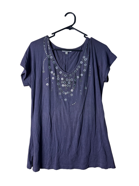 00s Dark Purple Short Sleeve Top with Embellished Detail