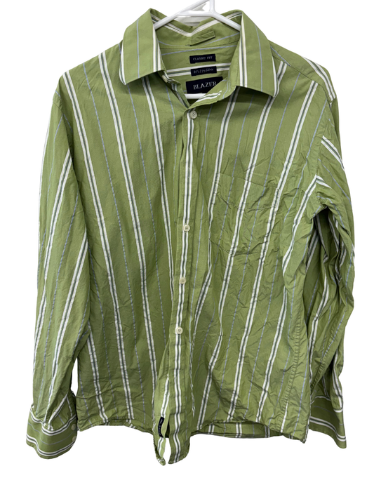 Green, White, Blue Stripe Long Sleeve Button Up Shirt