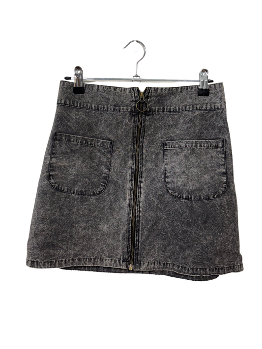 Black Acid Wash High Waisted Short Skirt with Circular Zipper