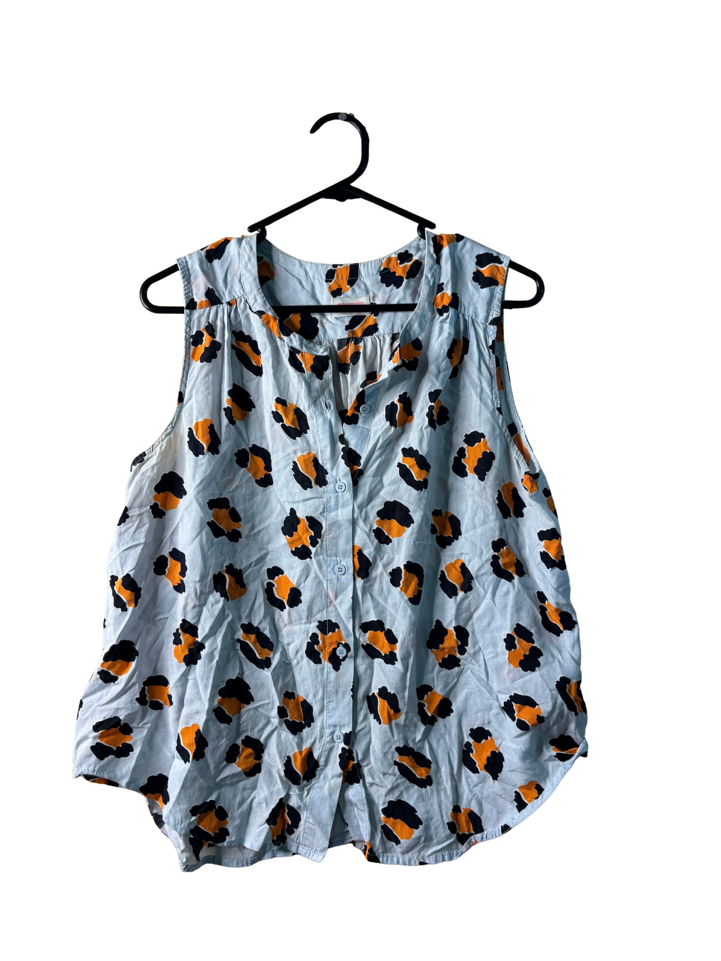 Light Blue, Black, Orange Sleeveless Button Up Shirt