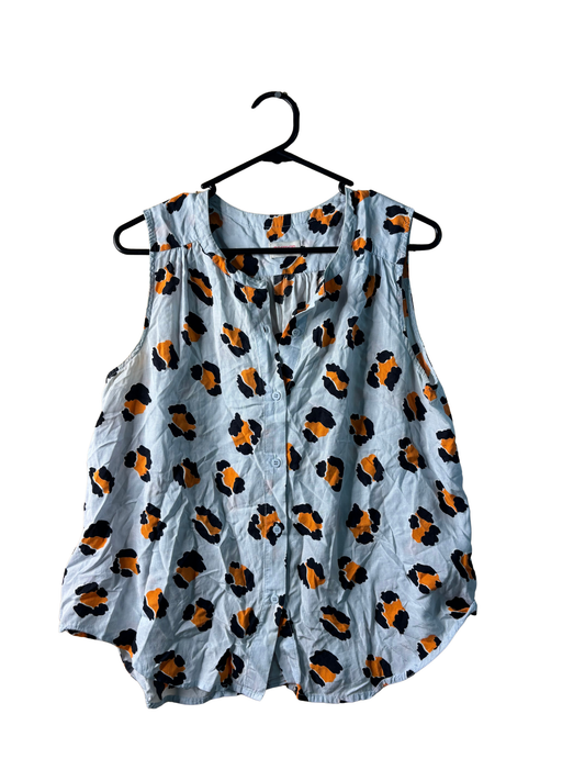Light Blue, Black, Orange Sleeveless Button Up Shirt