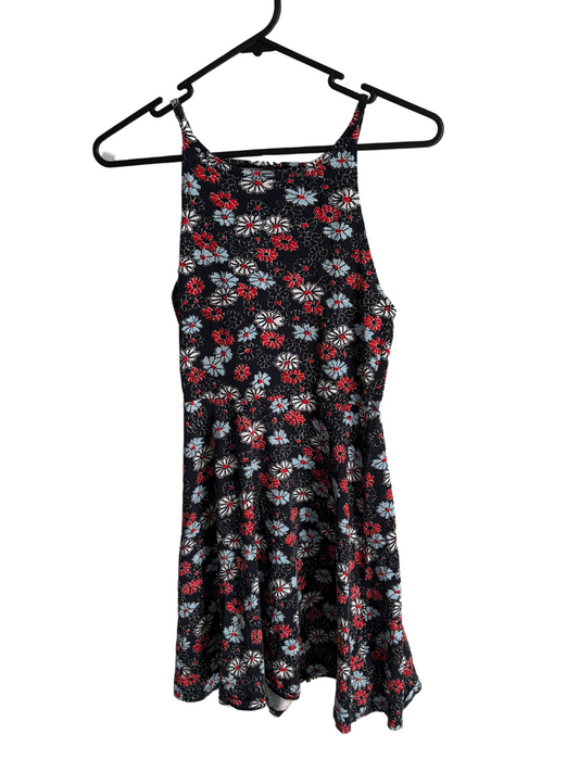 Dark Blue, Red & White Floral Strappy Short Dress