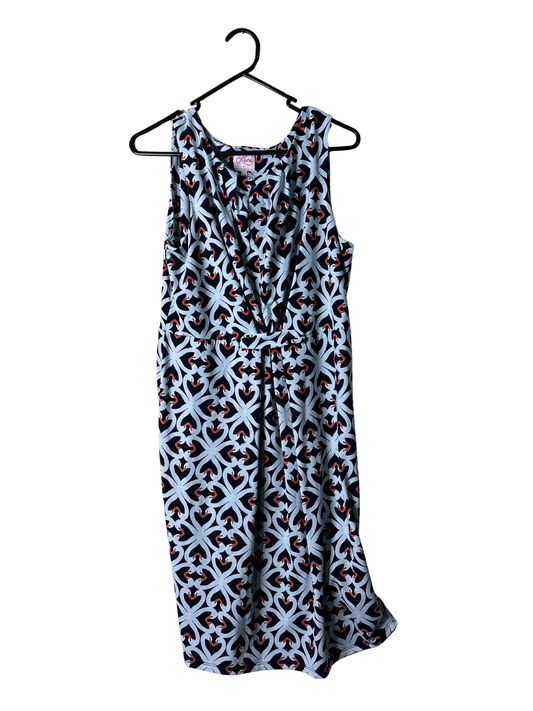 Dark Blue, Light Blue, Red Swan Print Sleeveless Knee Length Dress