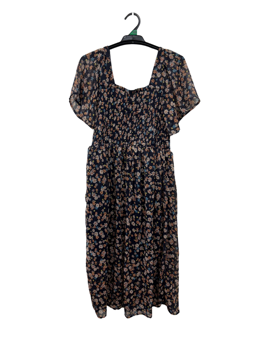 Navy & Orange Floral Print Short Sleeve Midi Dress