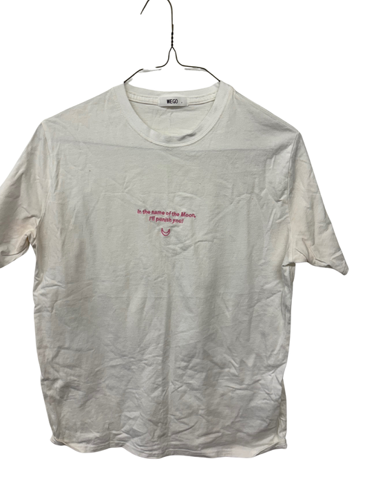 White Short Sleeve T Shirt with Pink Logo