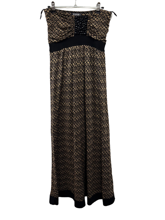 00s Gold/Black Diamond Print Long Strapless Dress with Bead Detail