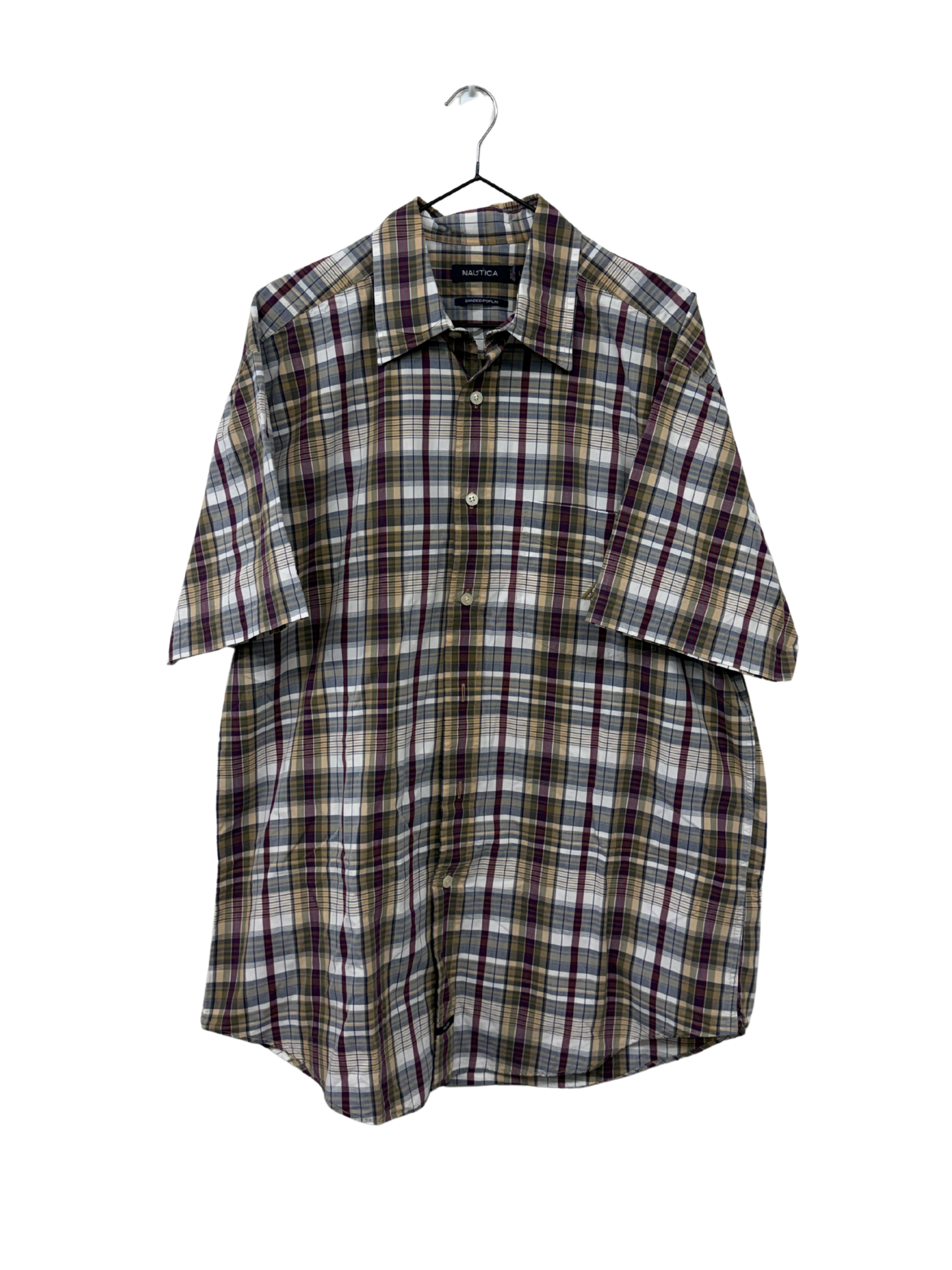 White. Navy, Beige & Maroon Plaid Button Up Shirt