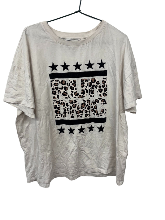 White Boxy Short Sleeve T Shirt with Black & Leopard Print Logo