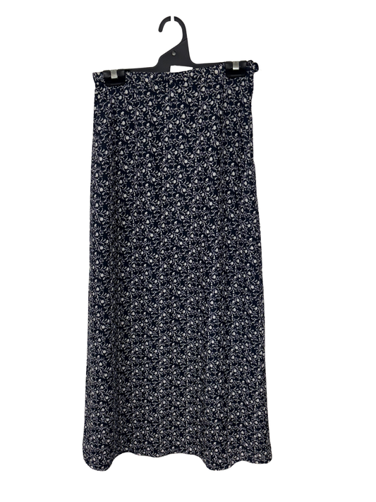 Vintage Dark Blue & Cream Floral Print Midi Skirt
