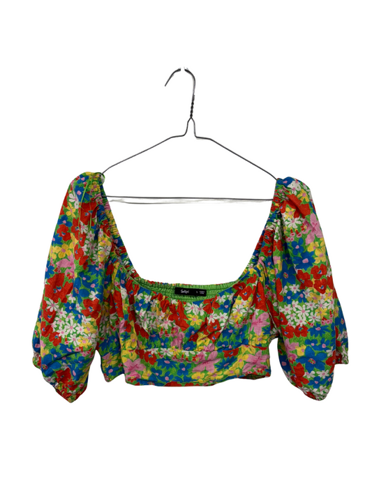 Green & Multicolour Floral Print Puffy Sleeve Crop Top