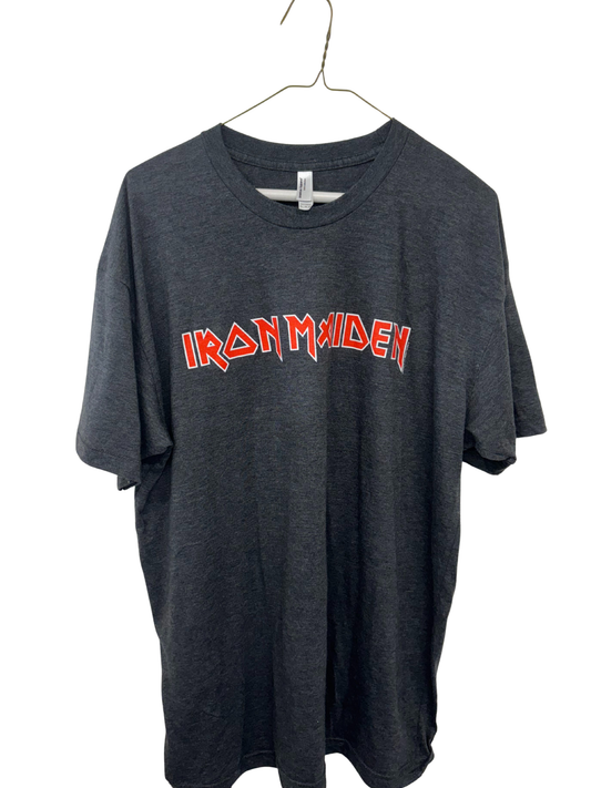 Grey Short Sleeve Shirt with Red Iron Maiden Text