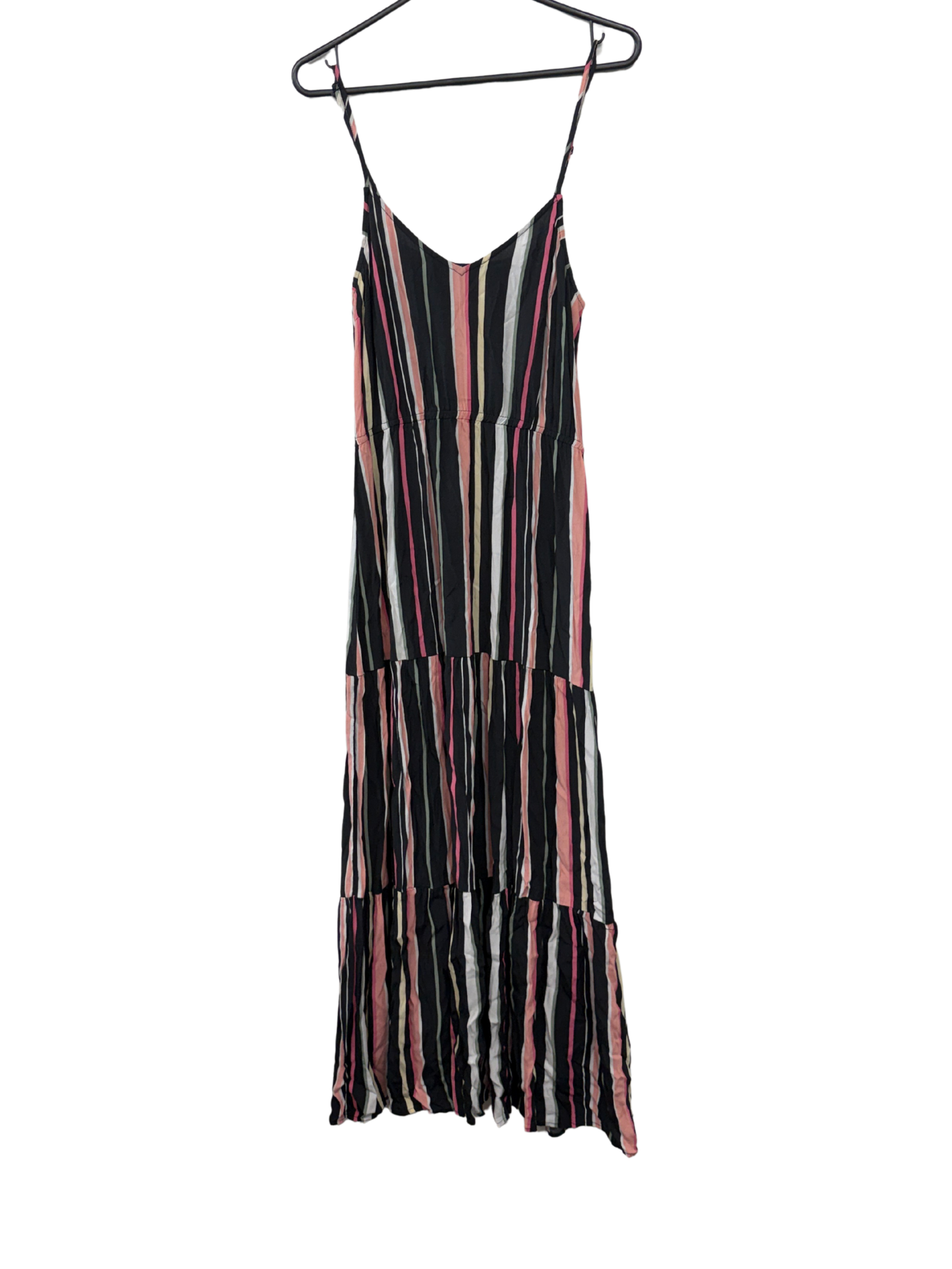 Black, Pink, Green & White Striped Tiered Sleeveless Maxi Dress