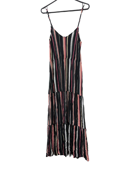 Black, Pink, Green & White Striped Tiered Sleeveless Maxi Dress