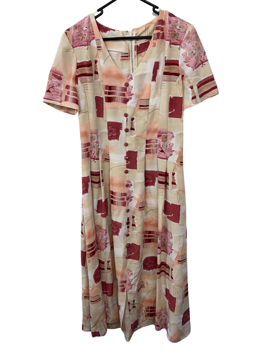 90s Cream, Pink & Brown Print Short Sleeve Midi Dress with Buttons