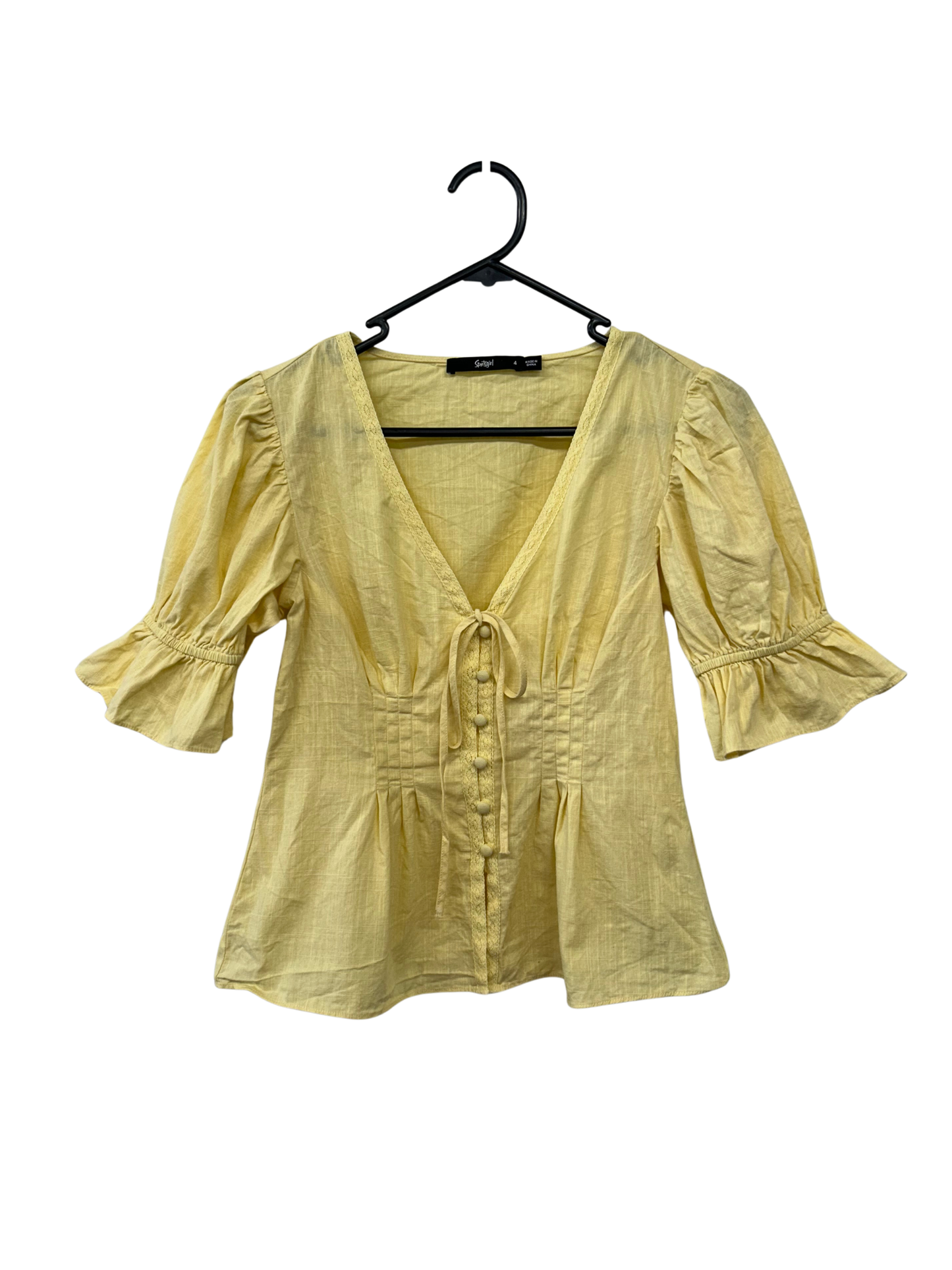 Yellow Puff Sleeve Button Up Blouse