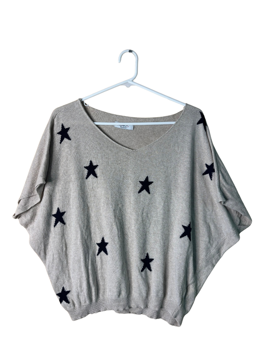 Beige & Blue Star Knit Batwing Top