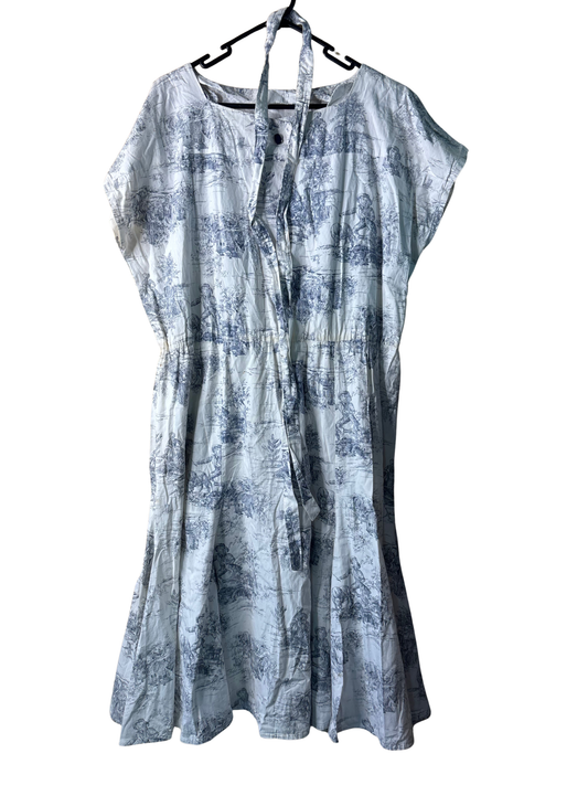 Vintage White & Blue Porcelain Short Sleeve Midi Dress