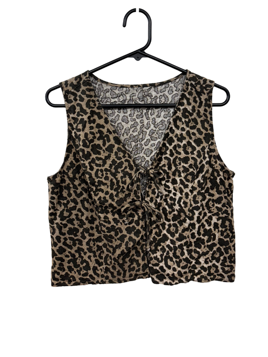 Brown Leopard Print Sleeveless Top with Ties