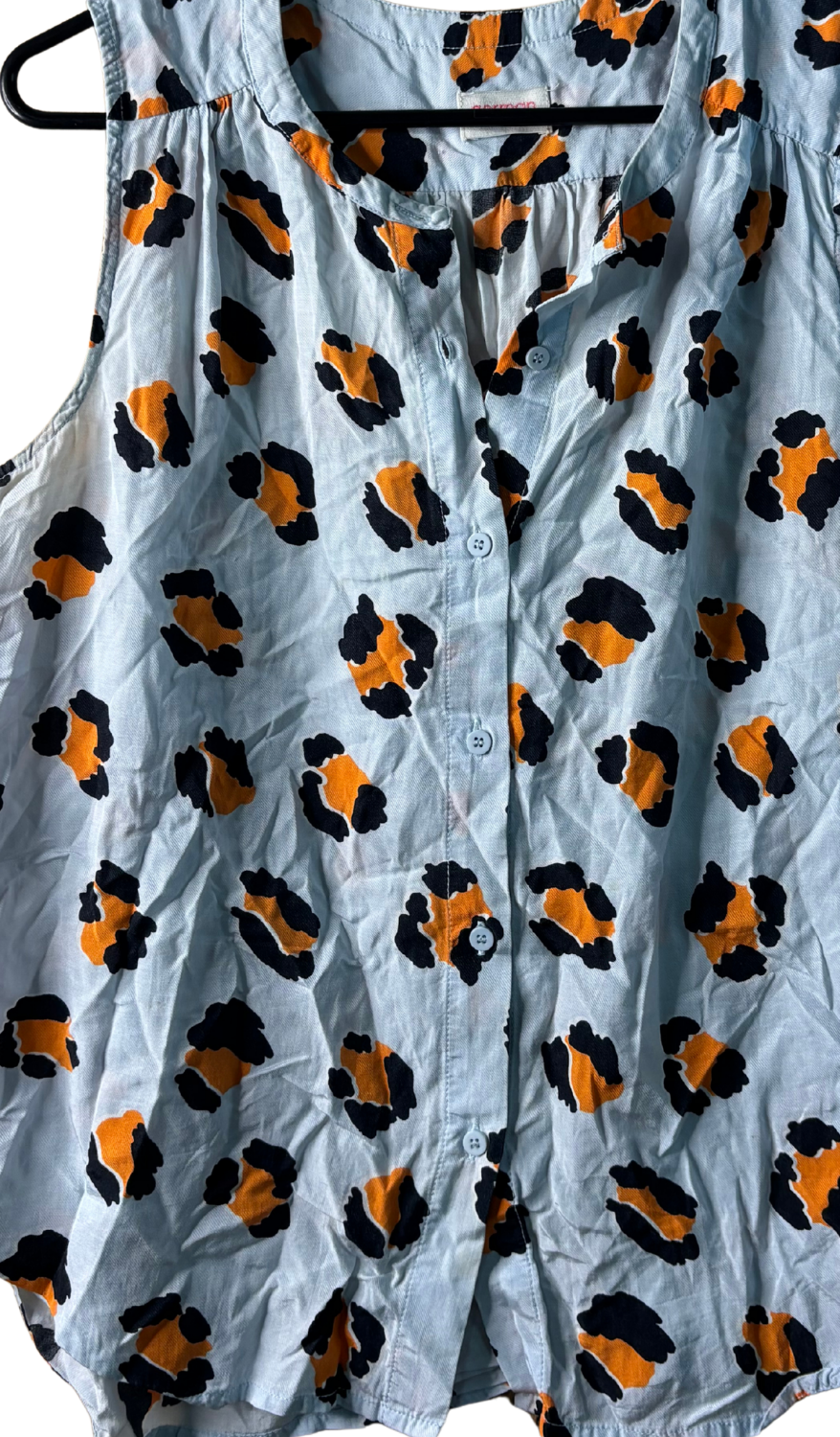 Light Blue, Black, Orange Sleeveless Button Up Shirt