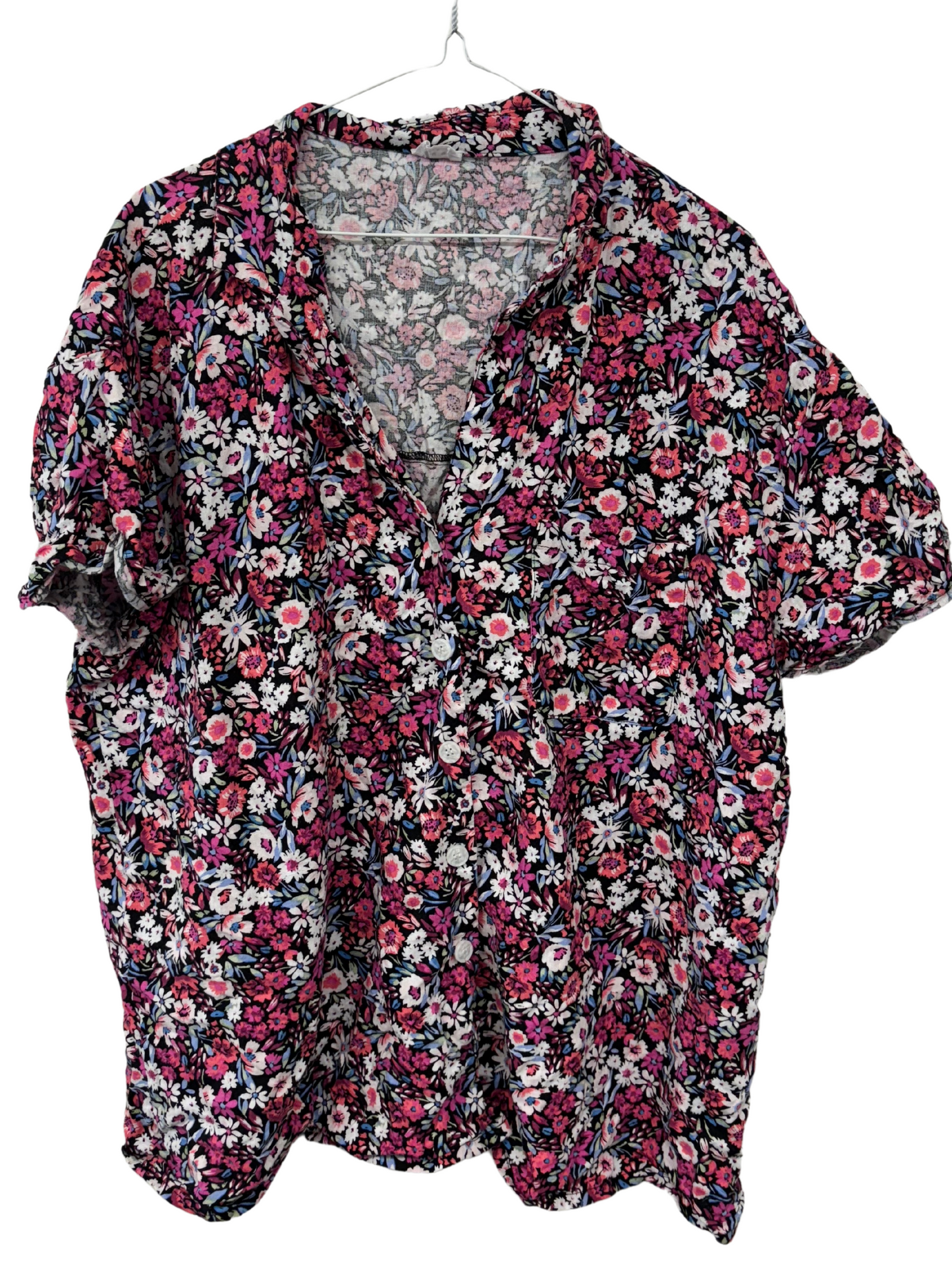 Pink, Blue, Black, White Floral Print Short Sleeve Button Up Shirt