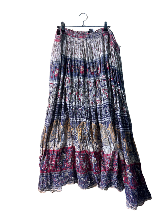 Cream, Blue, Red Pattern Midi Skirt
