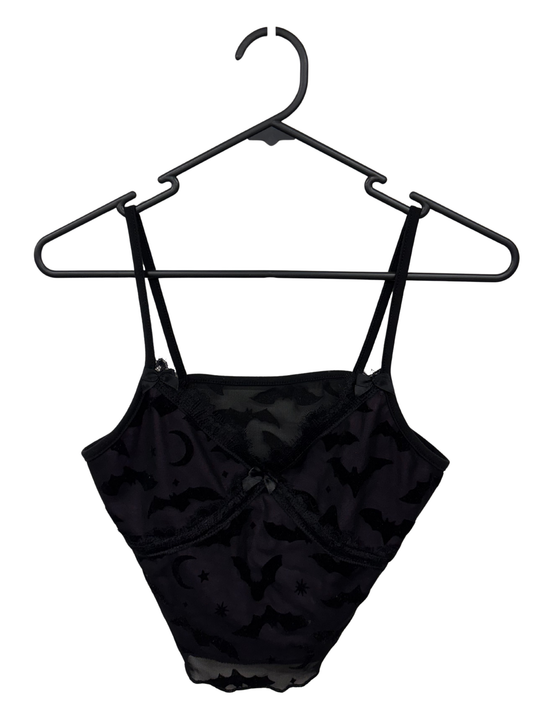 Black Mesh Strappy Crop Top with Purple Lining and Bat Print
