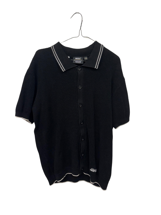 Black Short Sleeve Button Up Knit Shirt with White Edges