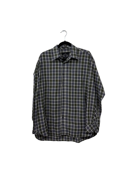Navy, Green & White Plaid Long Sleeve Button Up Shirt
