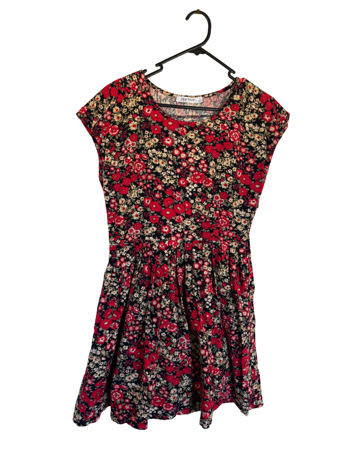 Red, Black, Cream Floral Print Lightweight Corduroy Cap Sleeve Dress