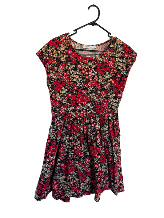 Red, Black, Cream Floral Print Lightweight Corduroy Cap Sleeve Dress
