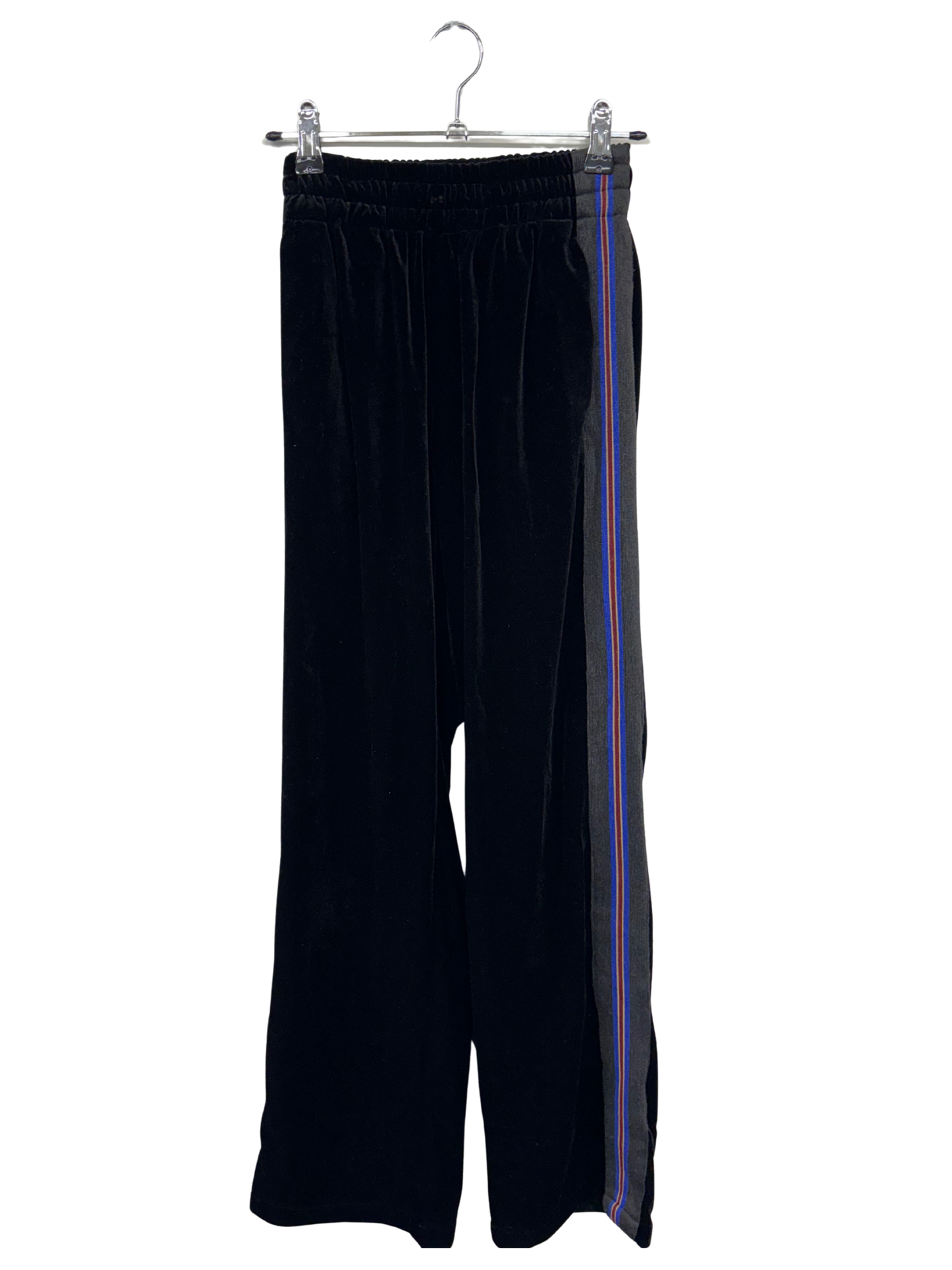 Black Velvet High Waisted Wide Leg Pants with Red & Blue Side Stripe