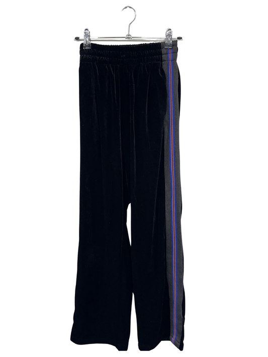 Black Velvet High Waisted Wide Leg Pants with Red & Blue Side Stripe