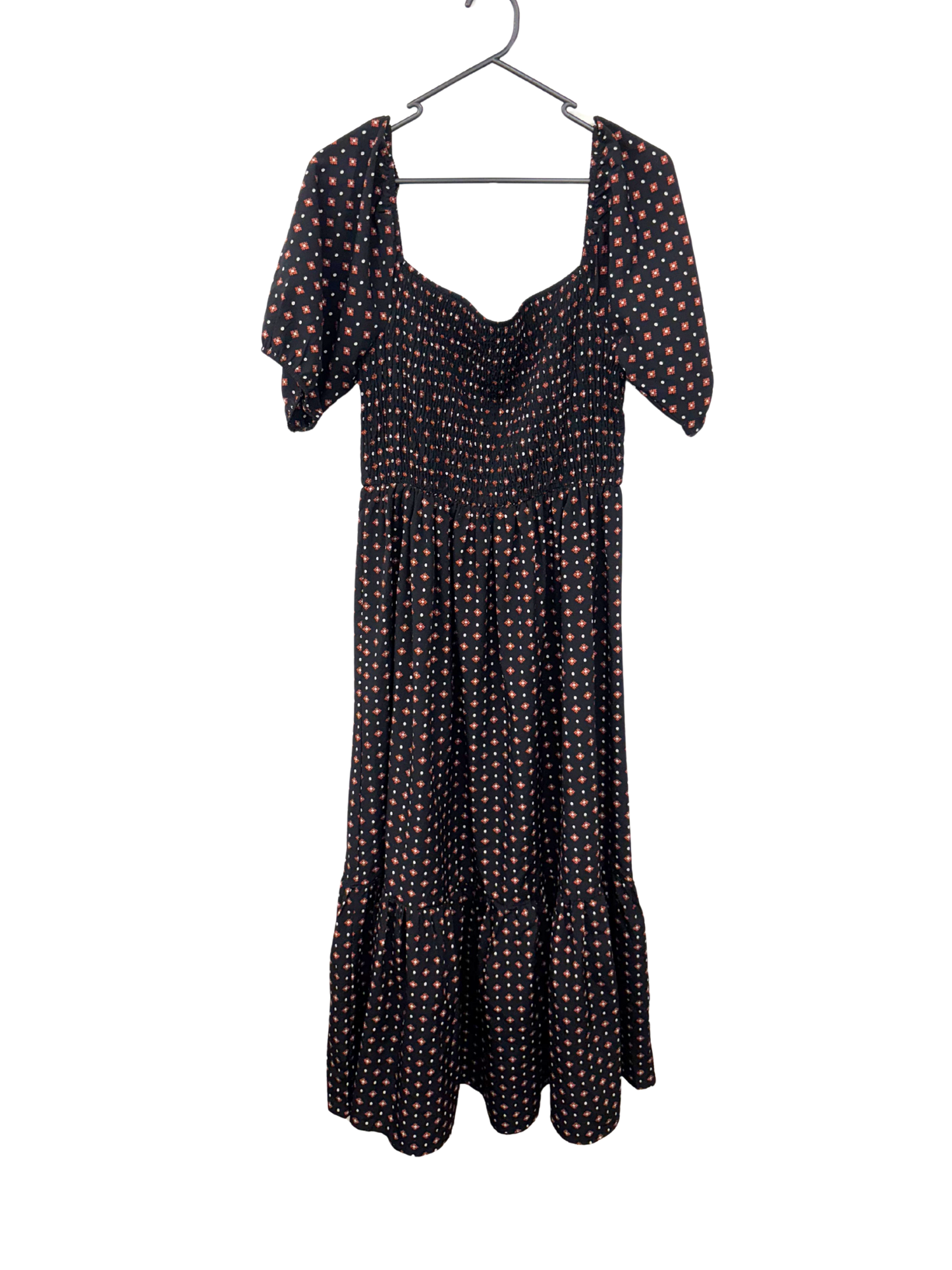 Black, White & Orange Patterned Short Sleeve Maxi Dress