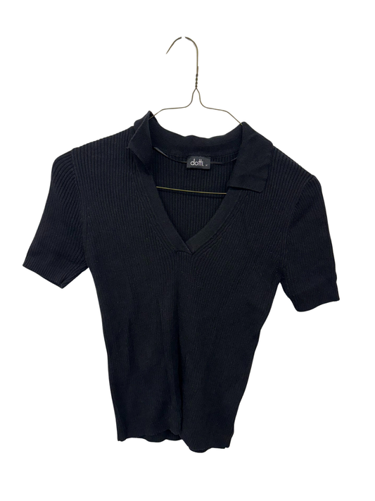 Black Short Sleeve V Neck Rib Knit Top