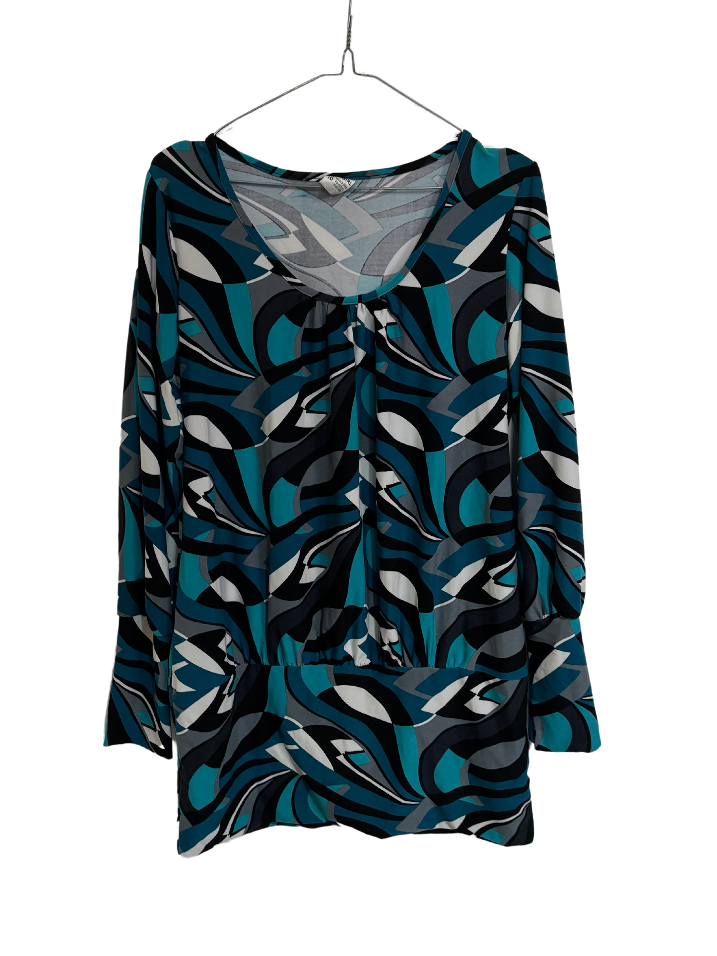 00s Blue, Black & White Abstract Print Long Sleeve Top