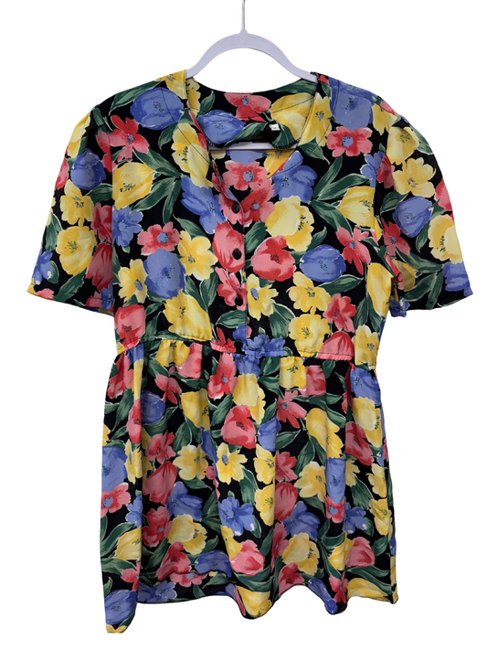 Vintage Black & Multicolour Short Sleeve Button Up Dress