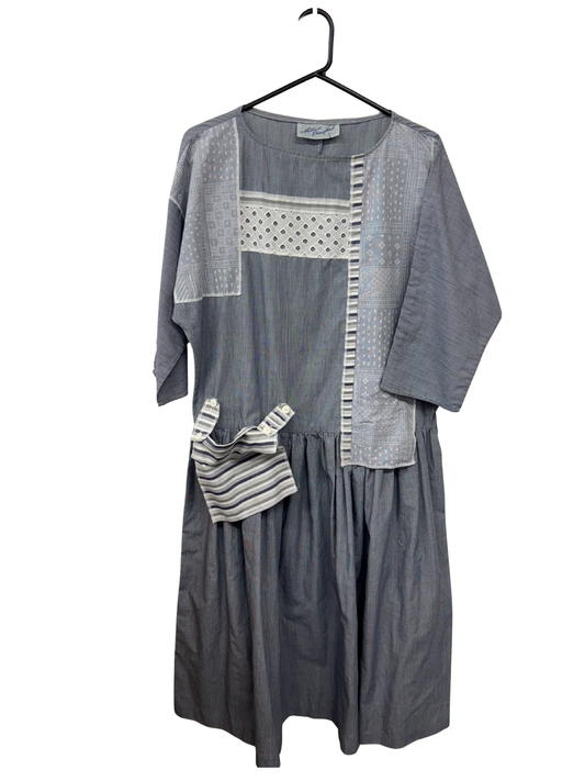 Vintage Blue Patchwork Short Sleeve Short Dress