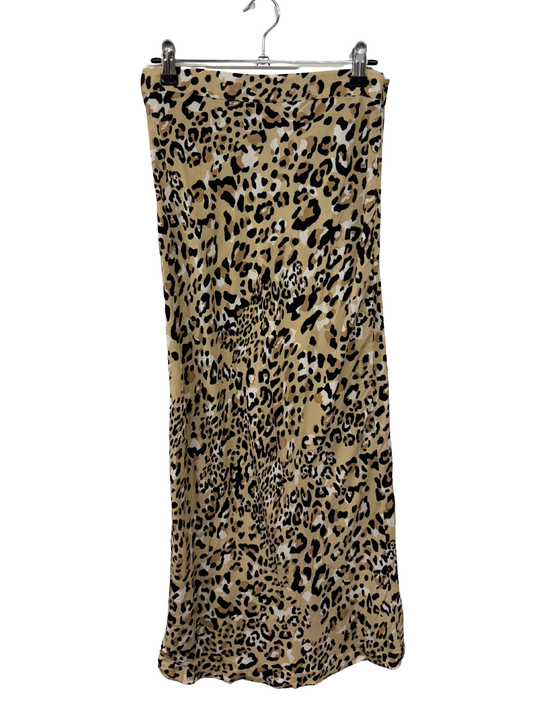 Beige, Black & White Leopard Print High Waisted Midi Skirt